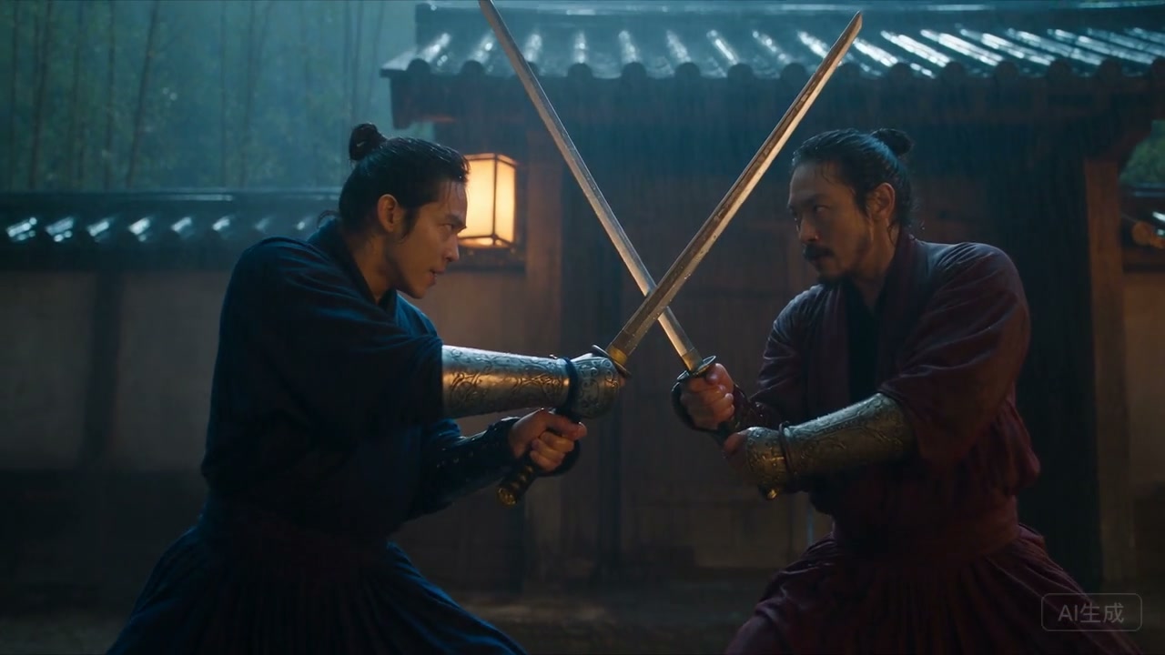 Two swordsmen face off at a rain-soaked gate